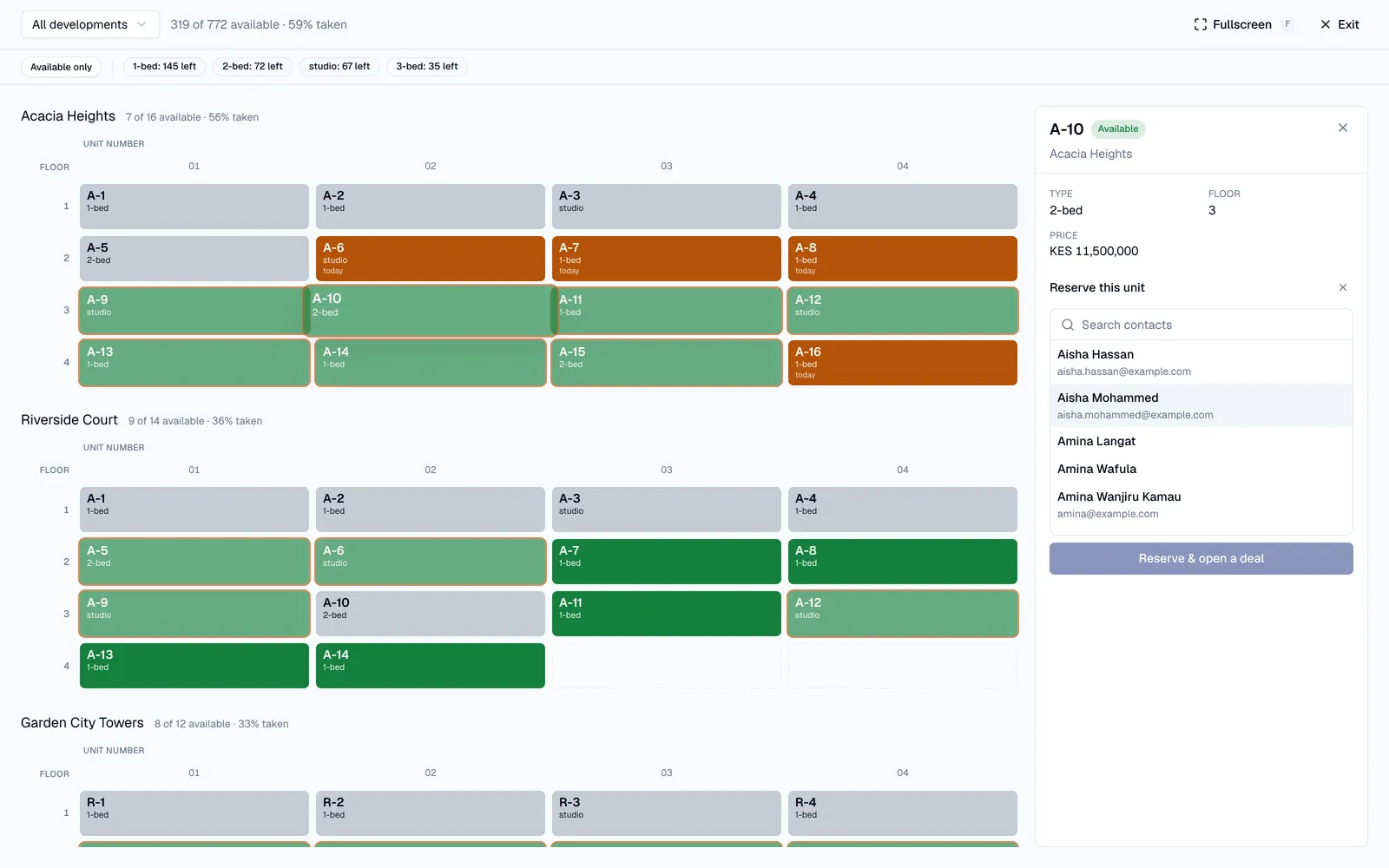 The Calidor availability wall, showing every unit in a development by floor with available units picked out in green, and a panel reserving one of them against a buyer without leaving the board.