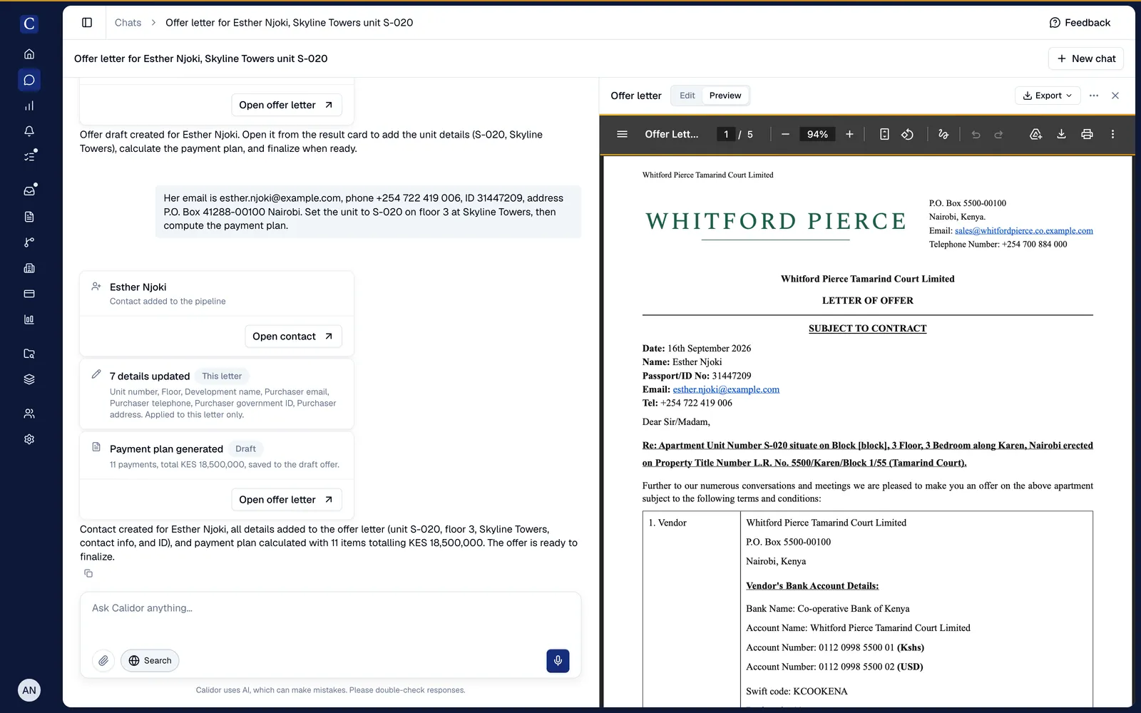 A Calidor chat in which an offer letter is drafted from a request, with the finished letter previewed alongside the conversation.